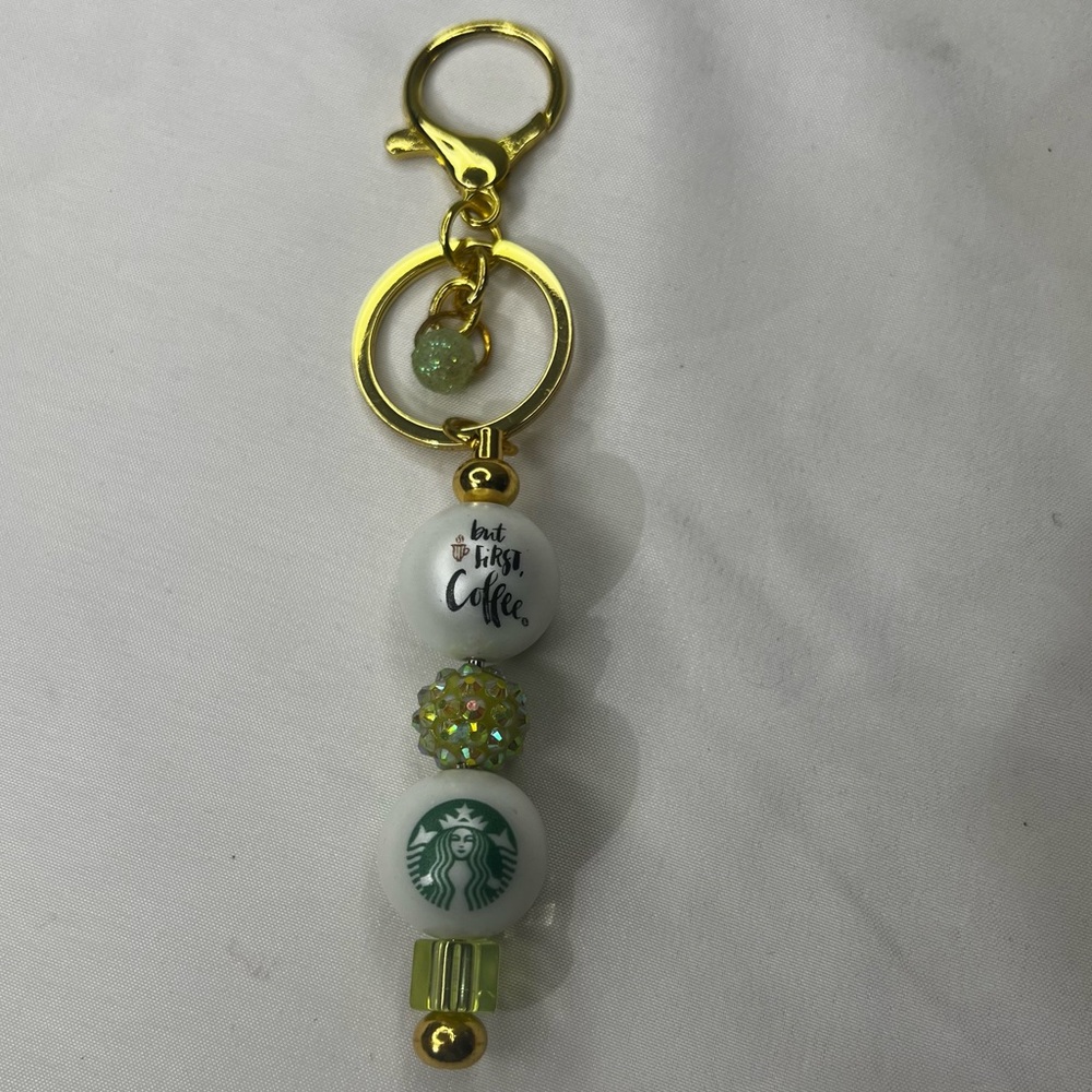 “But First, Coffee” Starbucks Keychain with Green & White Beads